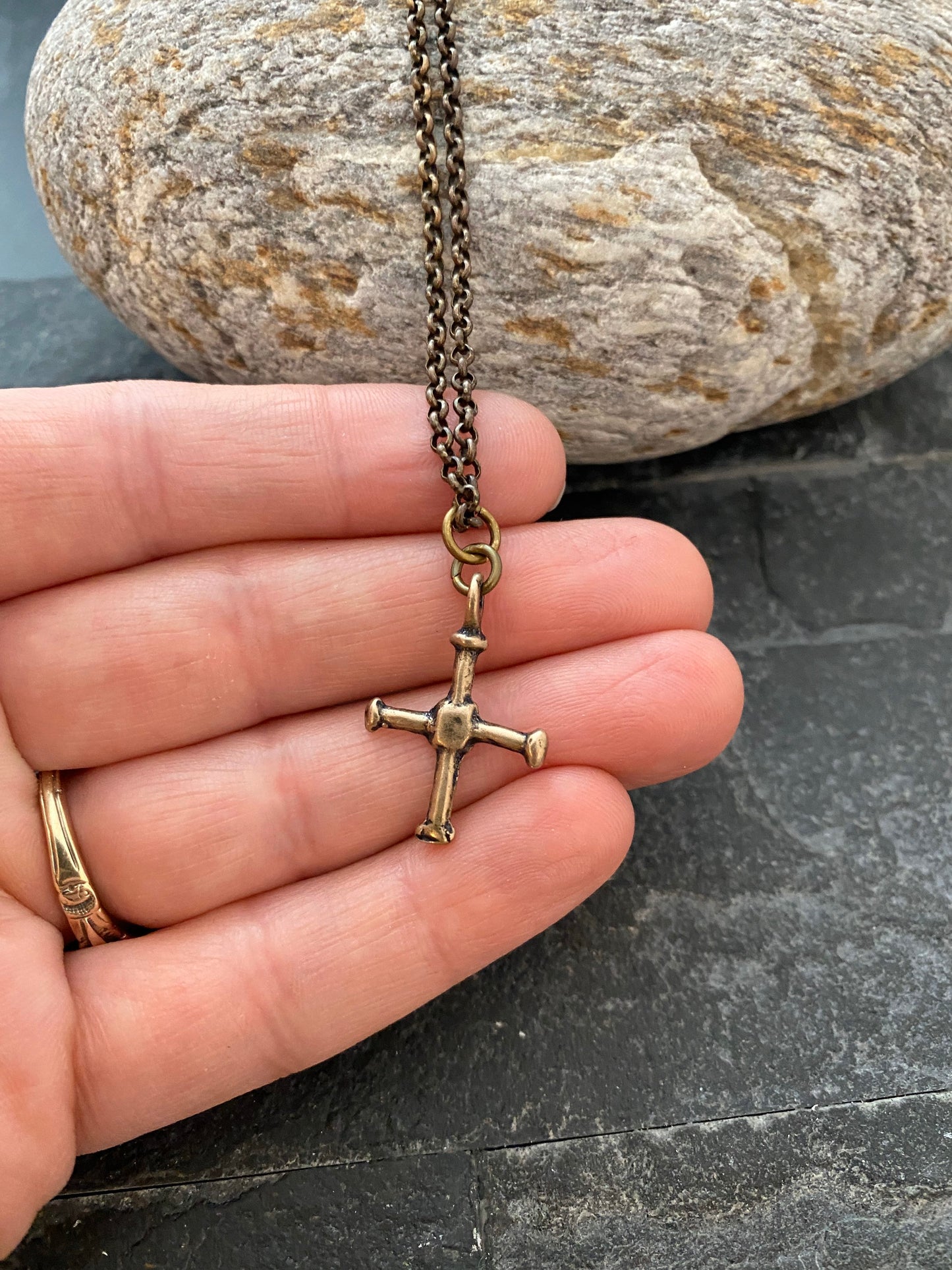Small Cross Antiqued Solid Bronze Men's Necklace, Ancient Viking Cross, Unisex Jewelry, Brass Chain BR-040