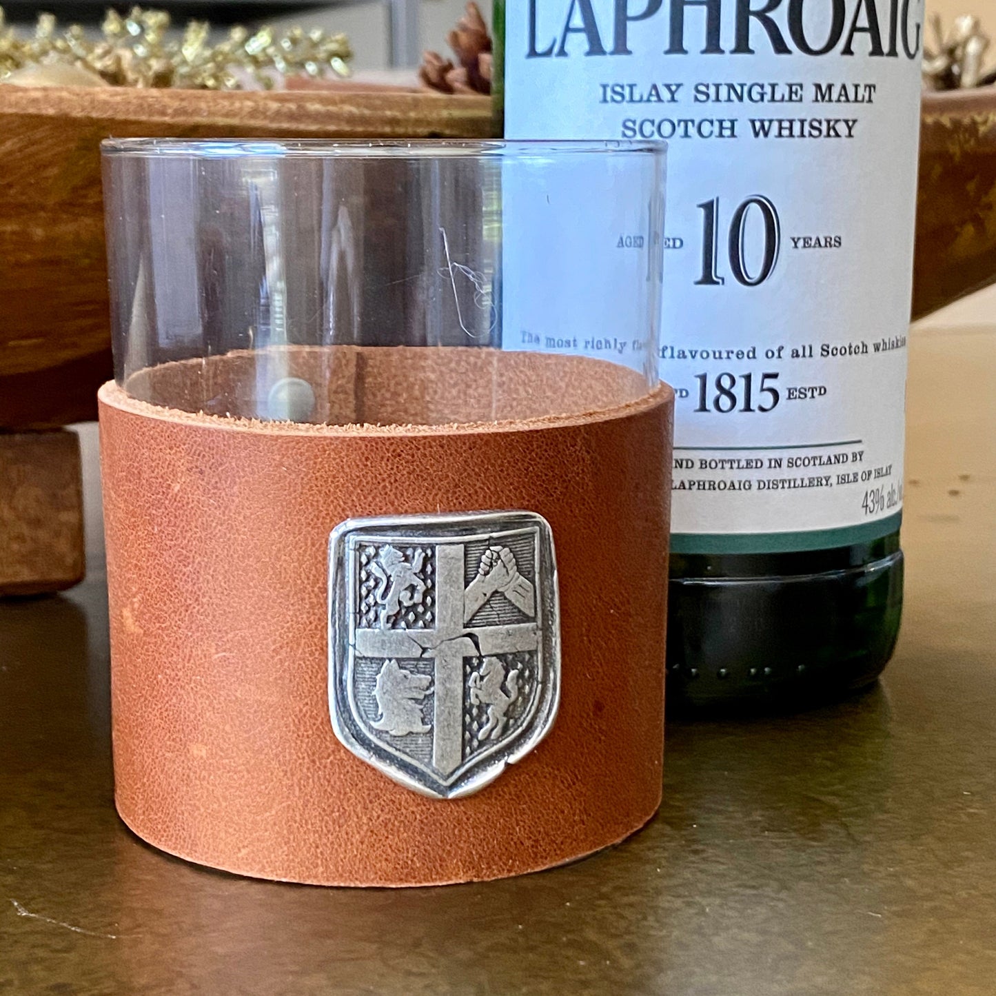 NEW - Custom Scotch Whiskey Glass, Brotherhood seal, Highball Leather Wrap, fraternity, Gift, Scotch Glasses, Scotch, Bourbon Glass, BW-011
