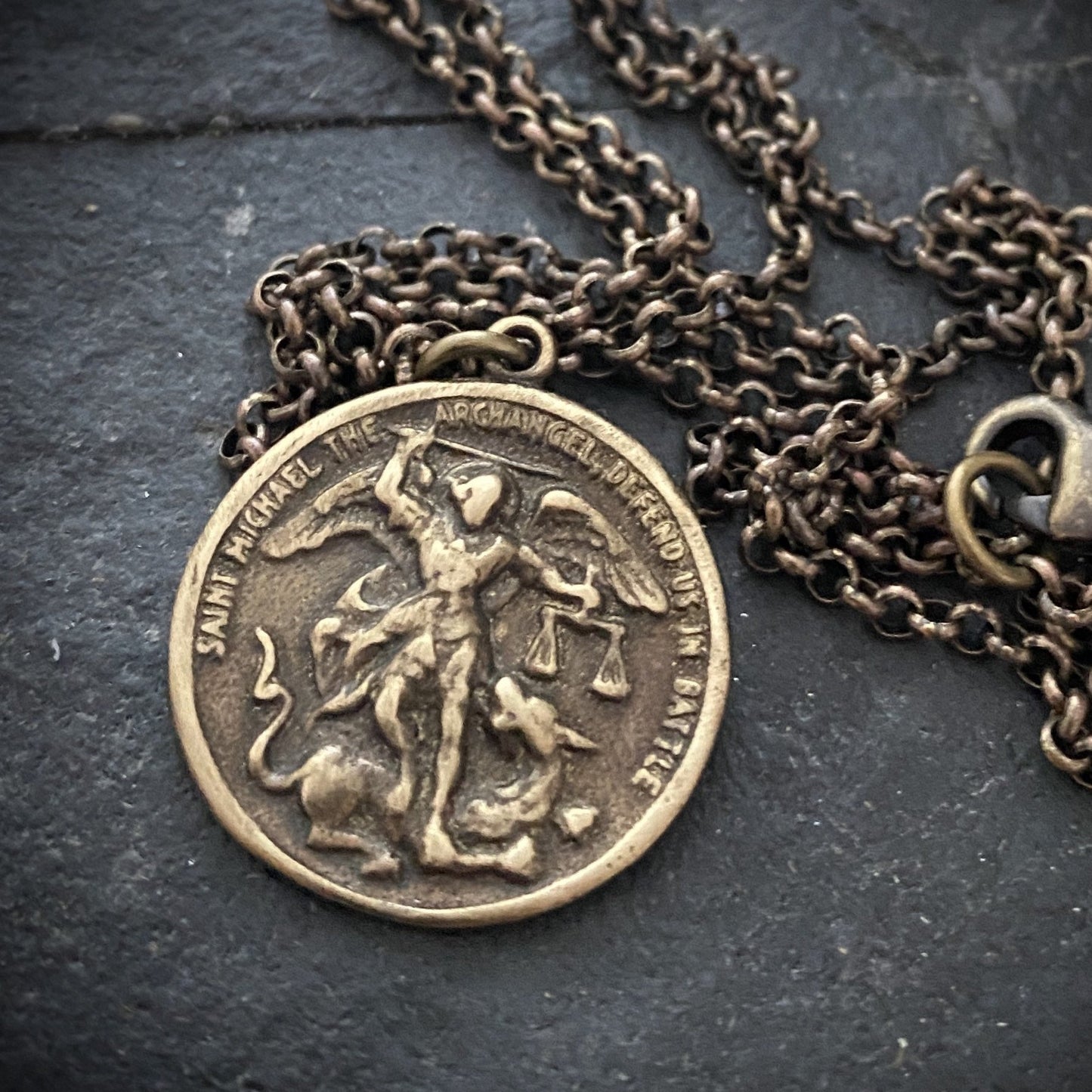 Men's Archangel St. Michael, Antiqued Brass and Bronze Unisex Jewelry, 20 or 24 Inch Rolo Chain, BR-039