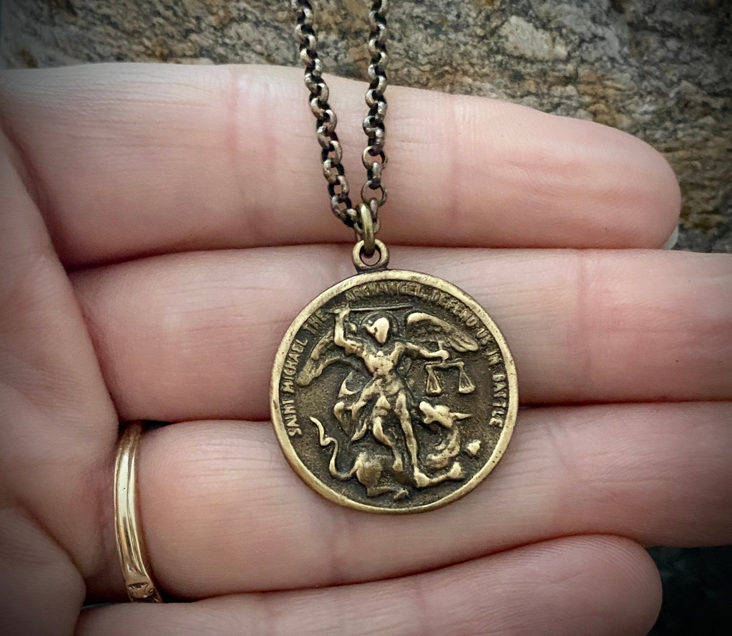 Men's Archangel St. Michael, Antiqued Brass and Bronze Unisex Jewelry, 20 or 24 Inch Rolo Chain, BR-039