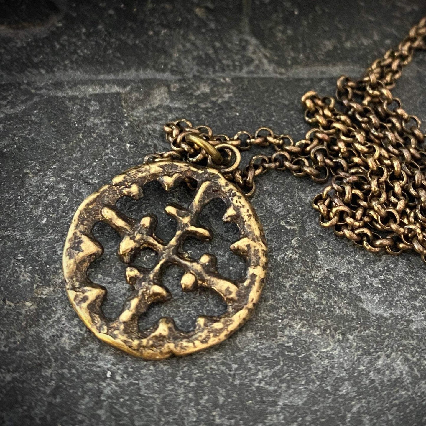 Men's Necklace, Viking Era Cross Produced from Original 10th Century Piece, Antiqued Brass Unisex Jewelry, 20 or 24 Inch Chain, BR-016