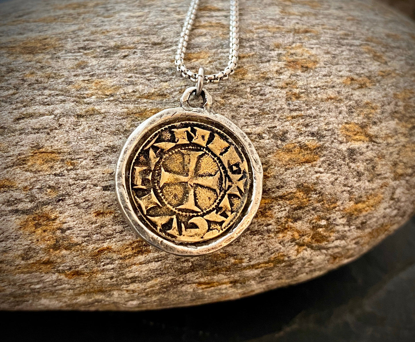Old Spanish Coin Men's Necklace, Shipwreck Pirate Cross Pendant Brass Two Tone Mixed Medal, Unisex Jewelry, ST-030