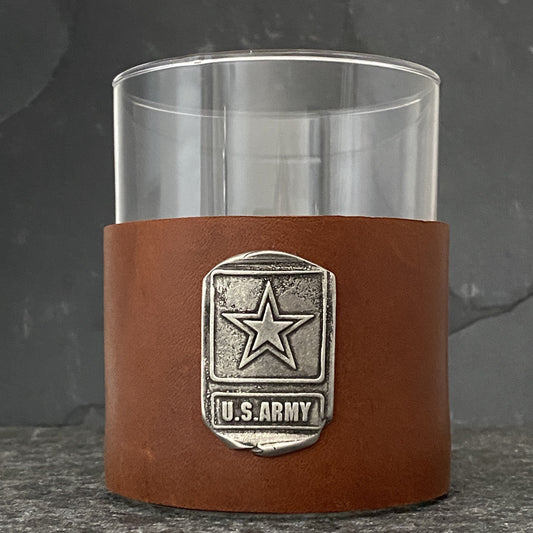NEW - Custom Scotch Whiskey Glass, US Army, Highball Leather Wrap, Army Seal, Army Vet, Gift, Scotch, retirement, academy graduation BW-008