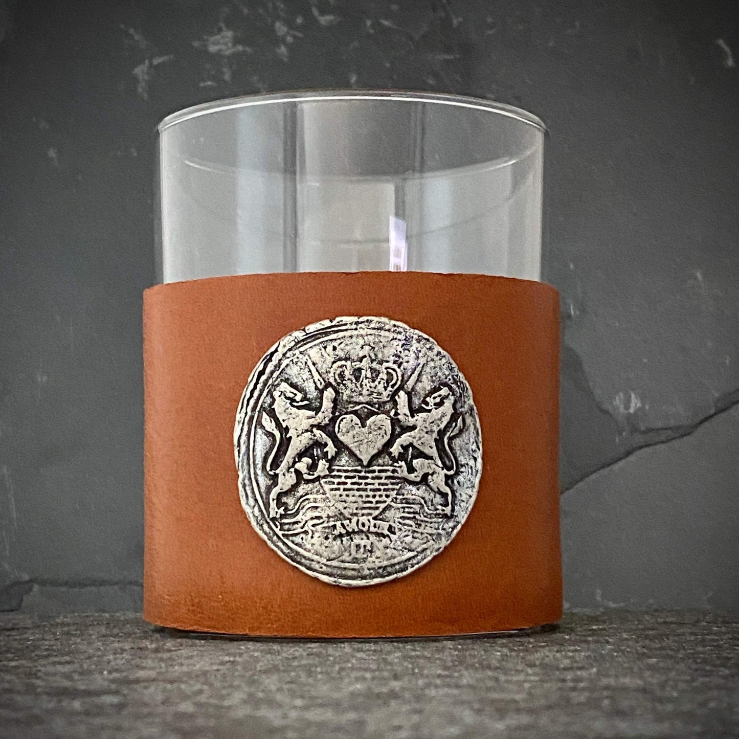 Tan Leather Custom Scotch Whiskey Glass, Highball, Antique style Wax Seal, Scotch Glasses, Genuine Tan Leather, Love. Amour, French BW-002