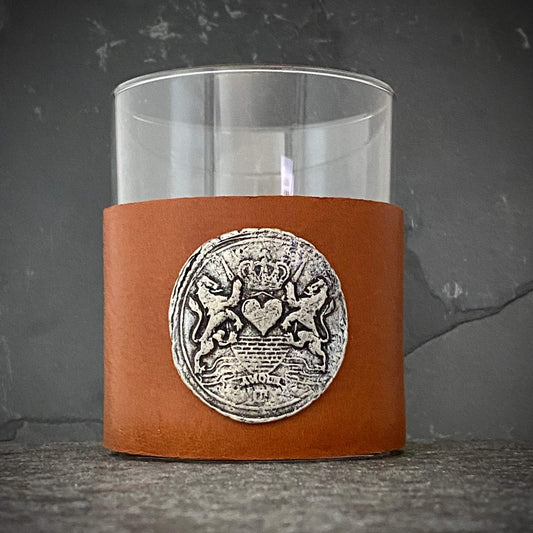 Tan Leather Custom Scotch Whiskey Glass, Highball, Antique style Wax Seal, Scotch Glasses, Genuine Tan Leather, Love. Amour, French BW-002