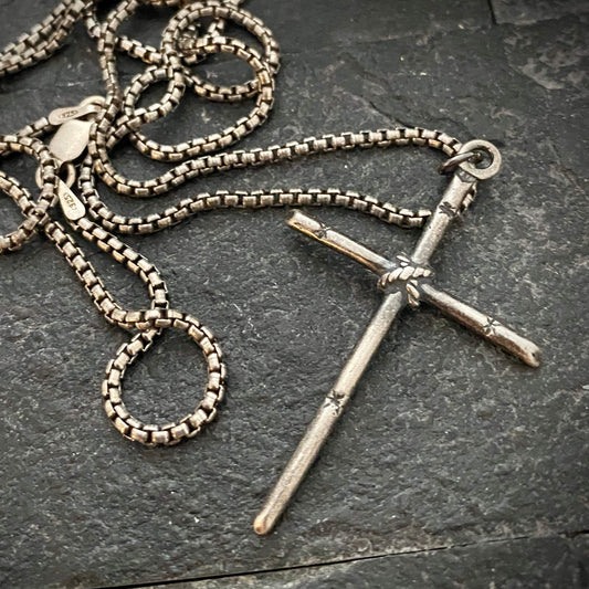 Men's Sterling Silver Simple Stick Cross Necklace, Johnny LTD Original Piece, Rope Cross, Sterling Chain Necklace, SS-011