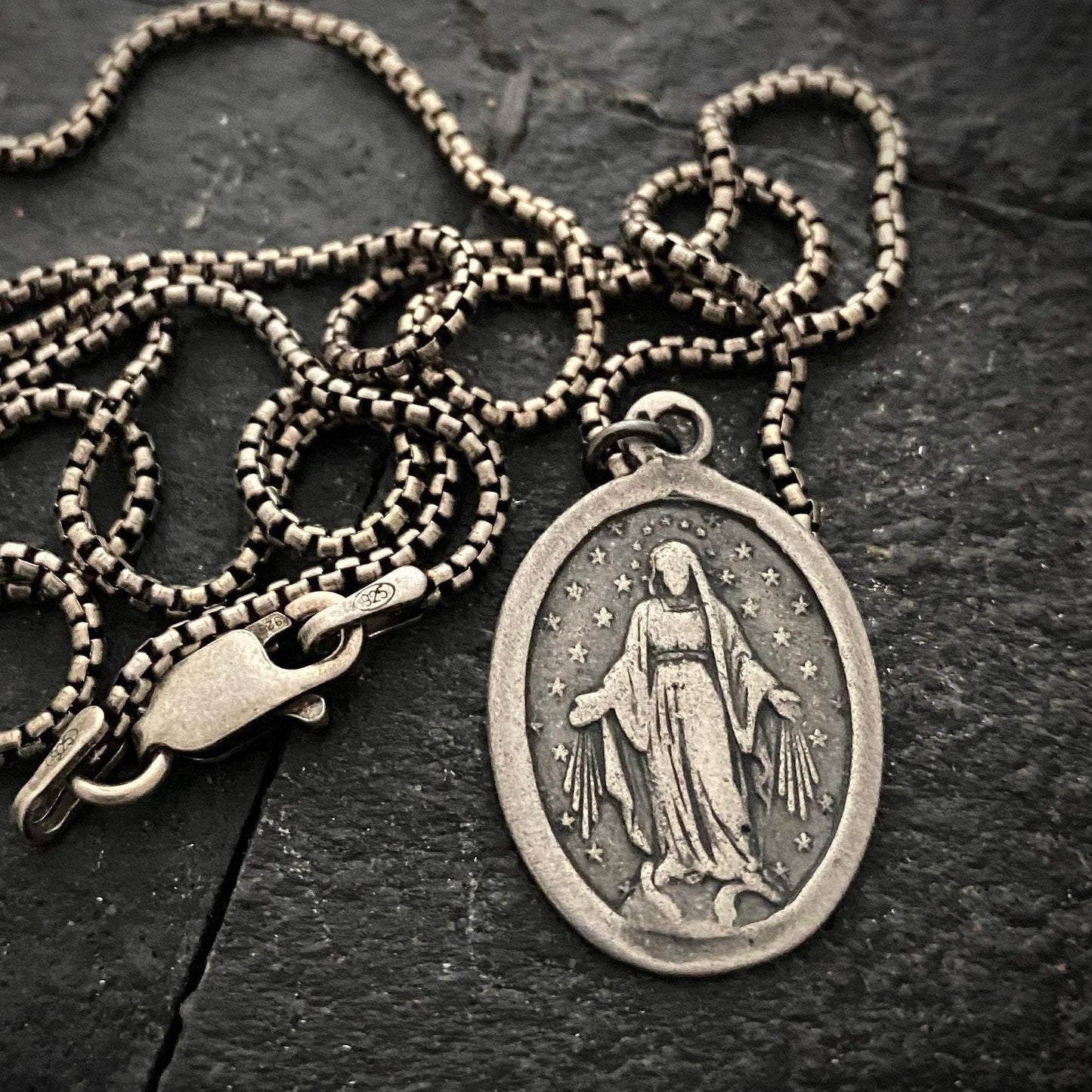 Mary Medal Sterling Silver Men's Necklace, Unisex Jewelry, Catholic Religious Gift, SS-007