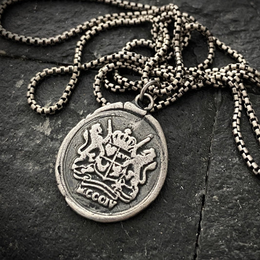 Sterling Silver Men's Necklace featuring a Heraldry Crest Seal, Unisex, SS-004