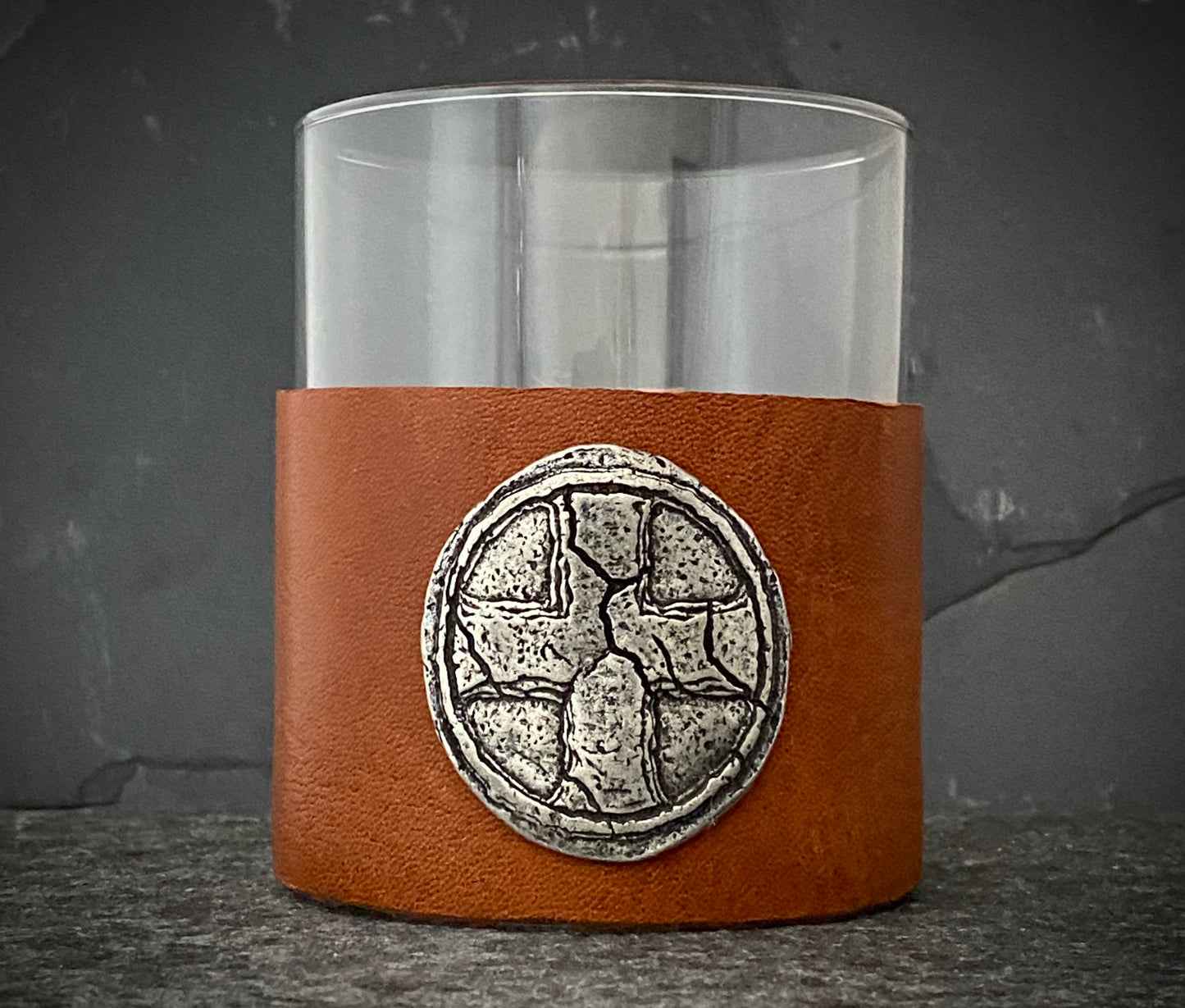 Custom Scotch Whiskey Glass, Highball, Coffee Colored Leather Wrap, Cross, Antique Style Cross, Scotch Glasses, Genuine Leather, BW-003-00