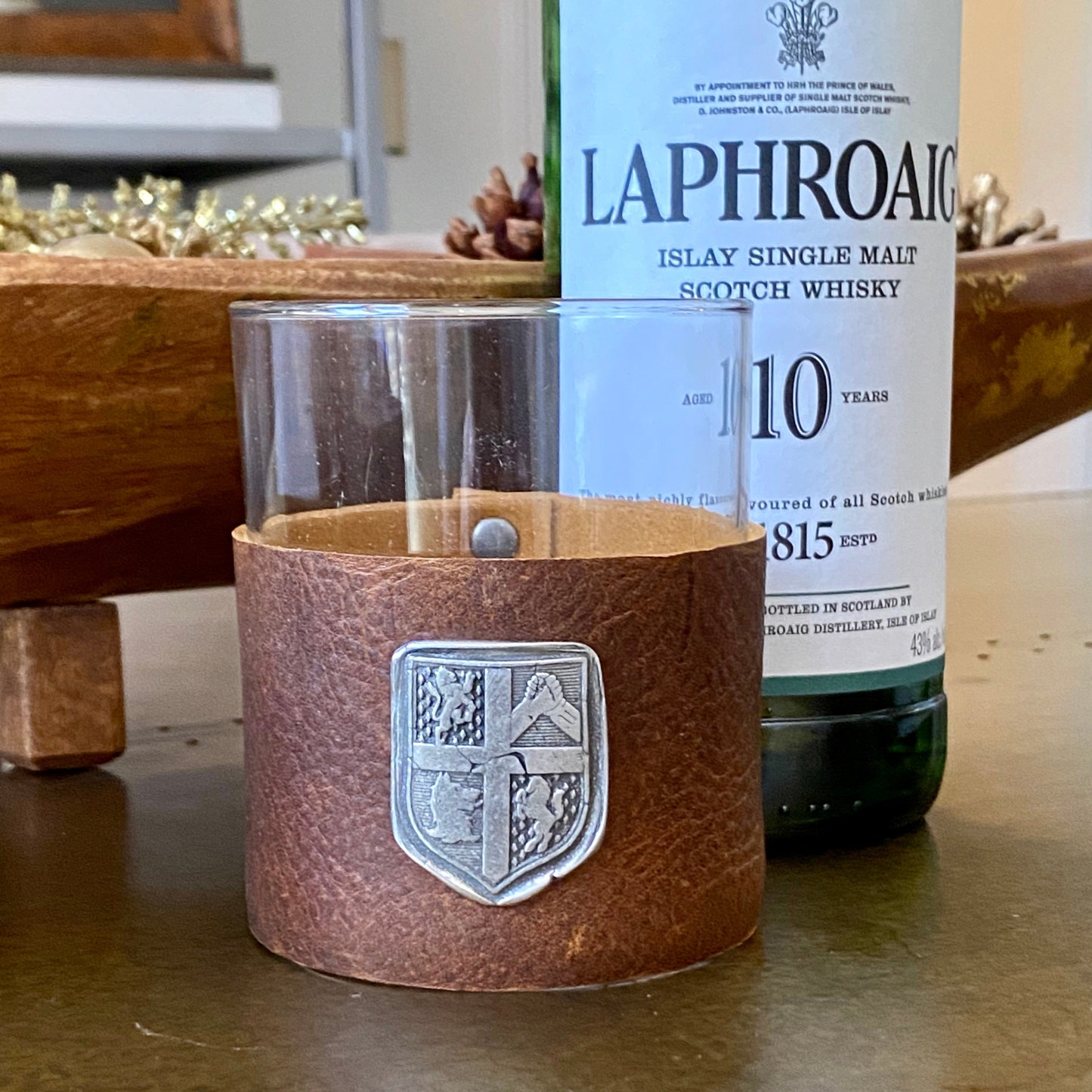 NEW - Custom Scotch Whiskey Glass, Brotherhood seal, Highball Leather Wrap, fraternity, Gift, Scotch Glasses, Scotch, Bourbon Glass, BW-011