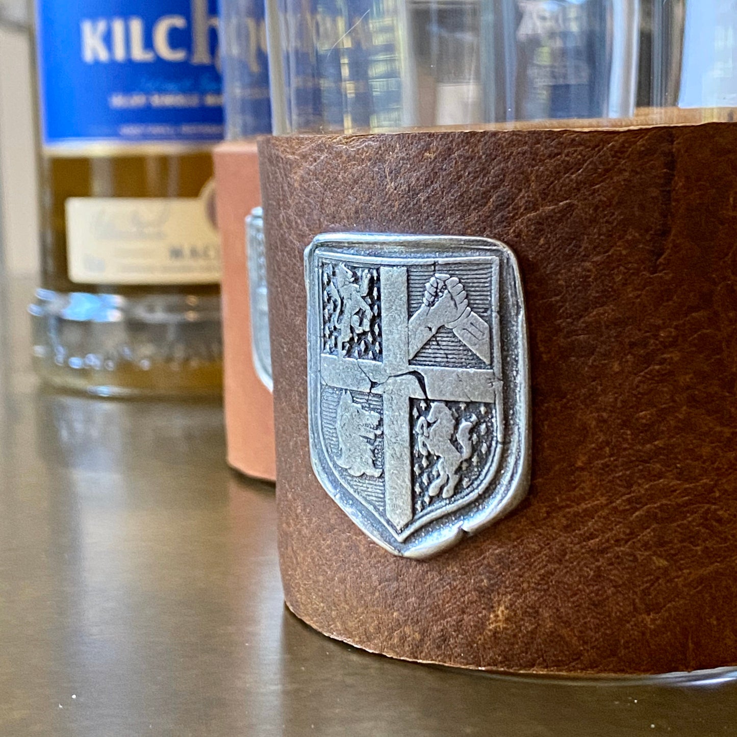 NEW - Custom Scotch Whiskey Glass, Brotherhood seal, Highball Leather Wrap, fraternity, Gift, Scotch Glasses, Scotch, Bourbon Glass, BW-011