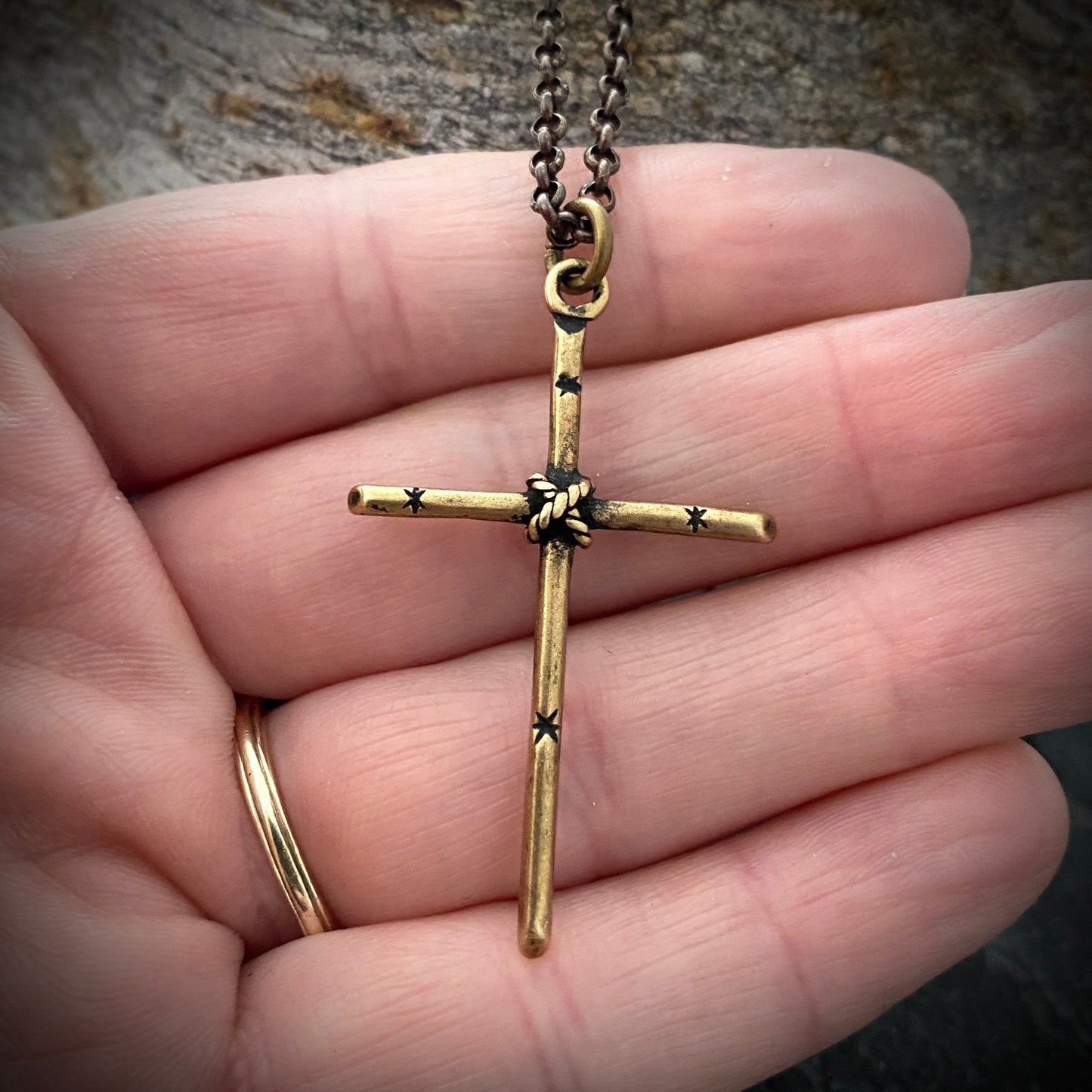 Men's Solid Bronze and Brass Simple Rope Cross Necklace, Unisex Necklace, BR-022