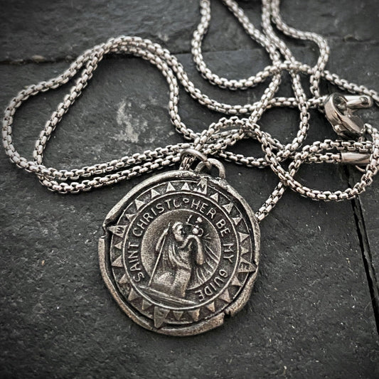 Men's necklace with St. Christopher Wax Seal Medal, unisex necklace, Chain length in 20 or 24 inches ST-010