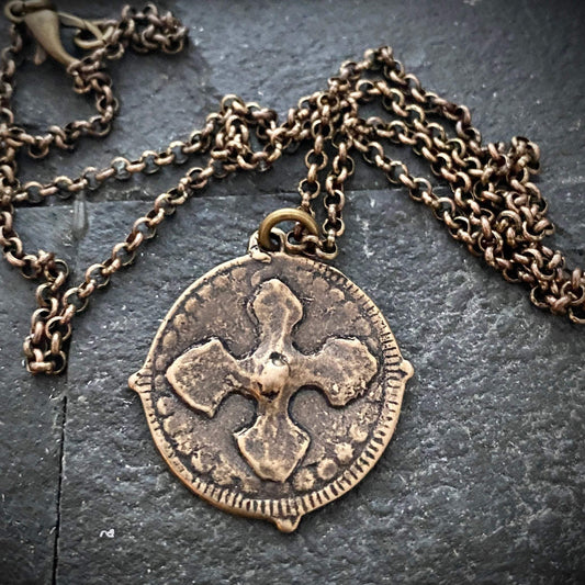 Men's Cross Necklace, Archangel St. Michael, Antiqued Brass and Bronze Unisex Jewelry, 20 or 24 Inch Chain, BR-026