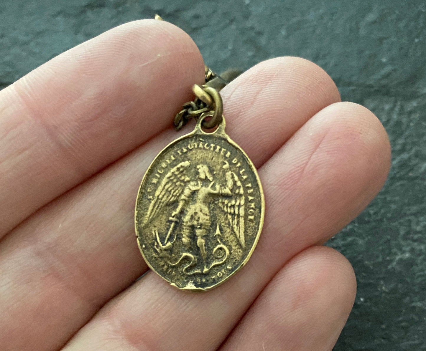 Men's Antiqued Brass Dual Pendant Necklace with Rope Tied Cross and Archangel St. Michael Medal, Unisex Necklace, BR-036, Johnny Ltd