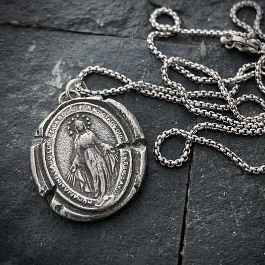 Men's Necklace with Mary Wax Seal Medal, Miraculous Medal, Unisex necklace, Catholic Jewelry, ST-026