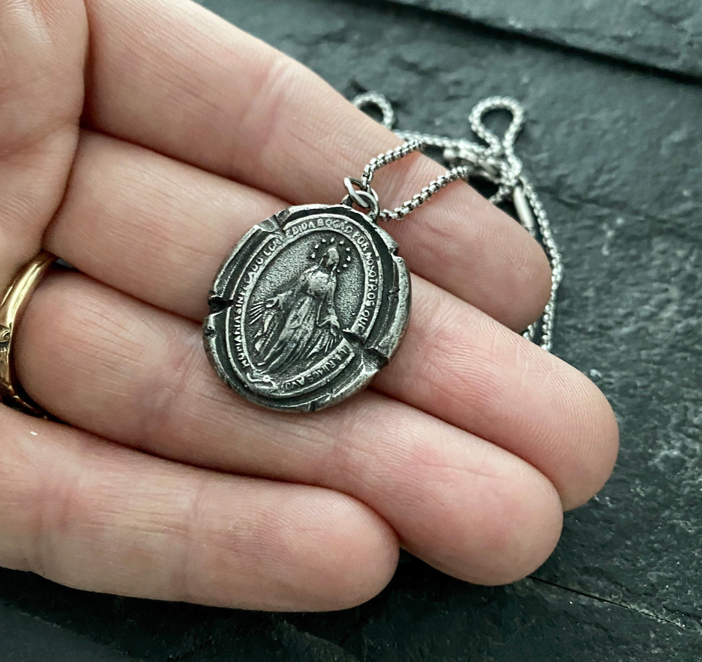 Men's Necklace with Mary Wax Seal Medal, Miraculous Medal, Unisex necklace, Catholic Jewelry, ST-026