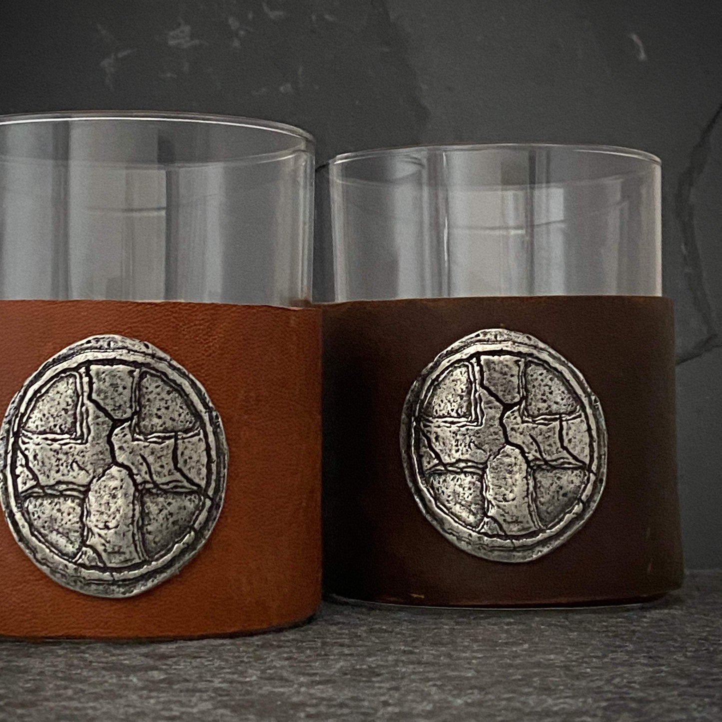 Custom Scotch Whiskey Glass, Highball, Coffee Colored Leather Wrap, Cross, Antique Style Cross, Scotch Glasses, Genuine Leather, BW-003-00