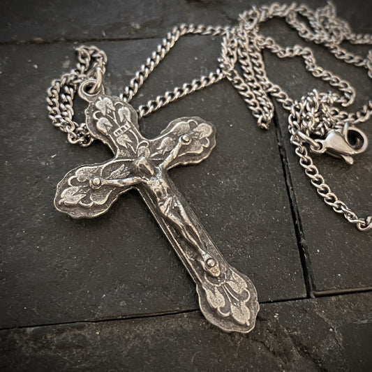 Men's necklace featuring a large decorative floral crucifix, unisex necklace, 20 to 24 inch chain, ST-015