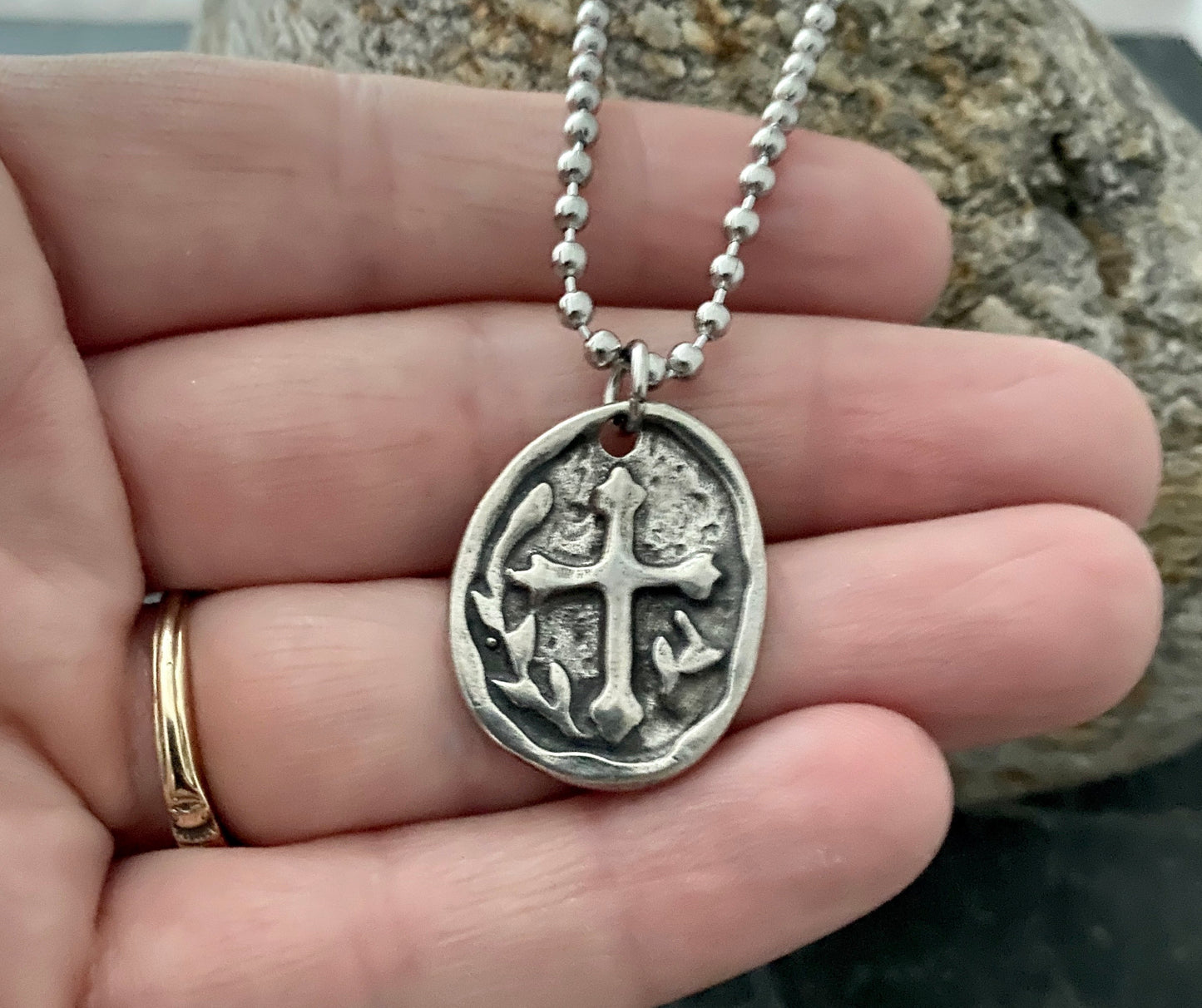 Men's necklace with a vintage feel cross on oval pendant, unisex jewelry, cross, mens fashion, 20 and 24 inch length ST-007