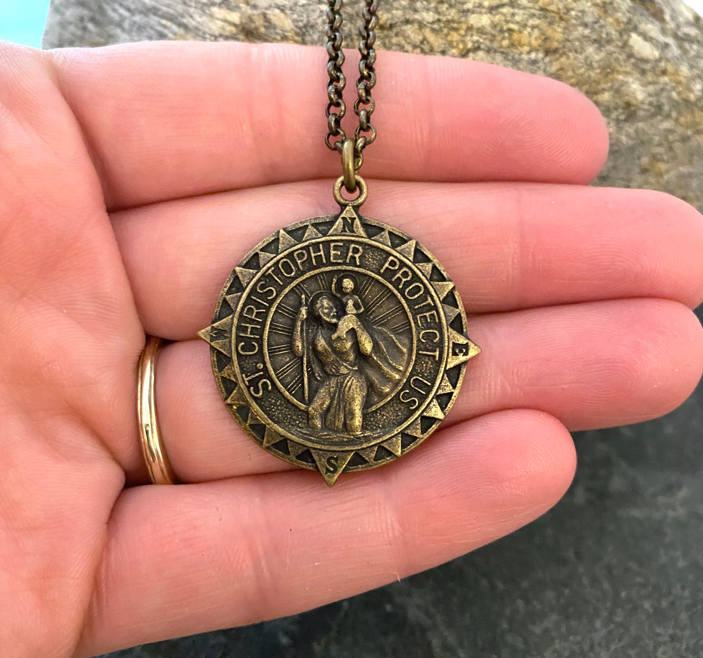 Men's Antiqued Brass Necklace with Large St. Christopher Medal, Unisex Jewelry, Chain length 20 or 24 inches BR-047