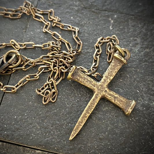 Johnny LTD Nail Spike Cross, Bronze Men's Necklace, Unisex Jewelry, 20 or 24 inches, BR-046