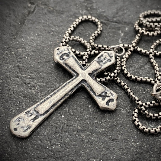 Ancient Cross, Sterling Silver Men's Unisex Necklace, Antiqued Medieval Cross Cast from Original, Men's Fashion,