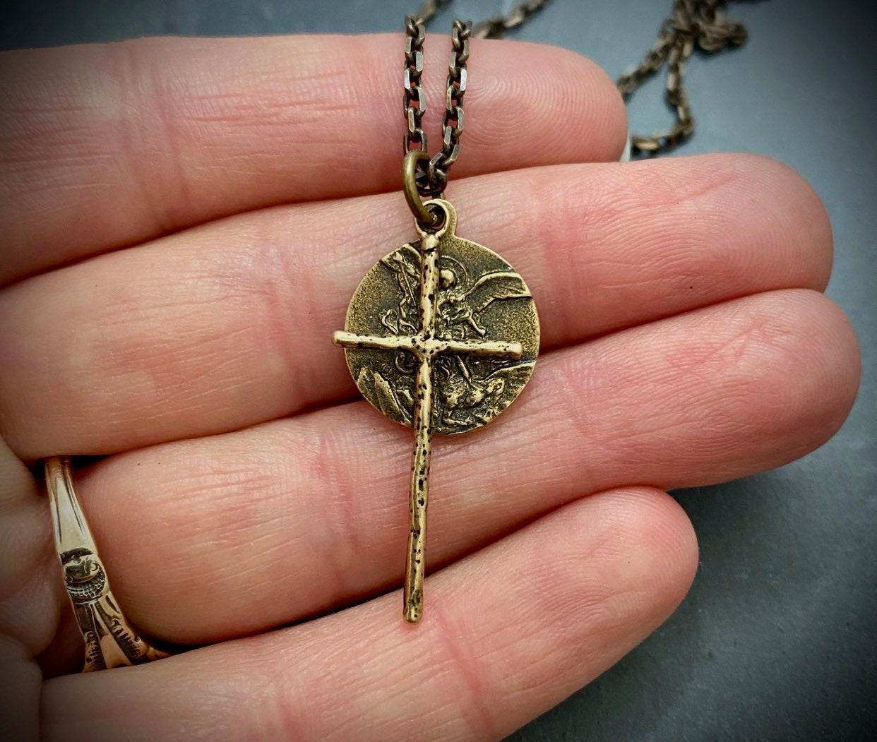 Men's Necklace, Archangel St. Michael Vintage Style Catholic Medal with Cross, Antiqued Brass Unisex Jewelry, 20 or 24 Inch Chain, BR-034