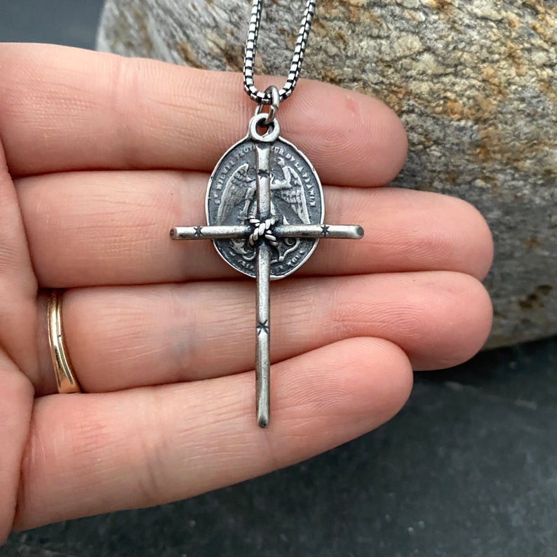 Men's Sterling Silver Dual Pendant Necklace with Johnny LTD Rope Tied Cross and Archangel St. Michael Medal, Unisex Necklace, SS-010