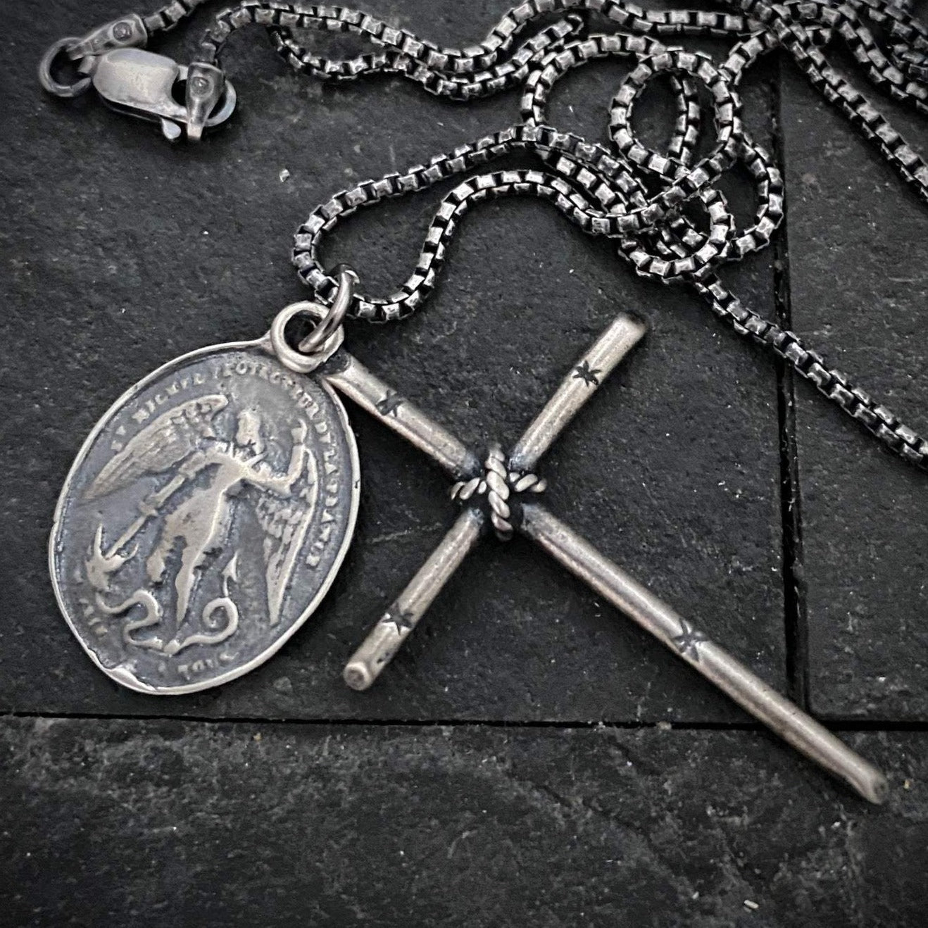 Men's Sterling Silver Dual Pendant Necklace with Johnny LTD Rope Tied Cross and Archangel St. Michael Medal, Unisex Necklace, SS-010