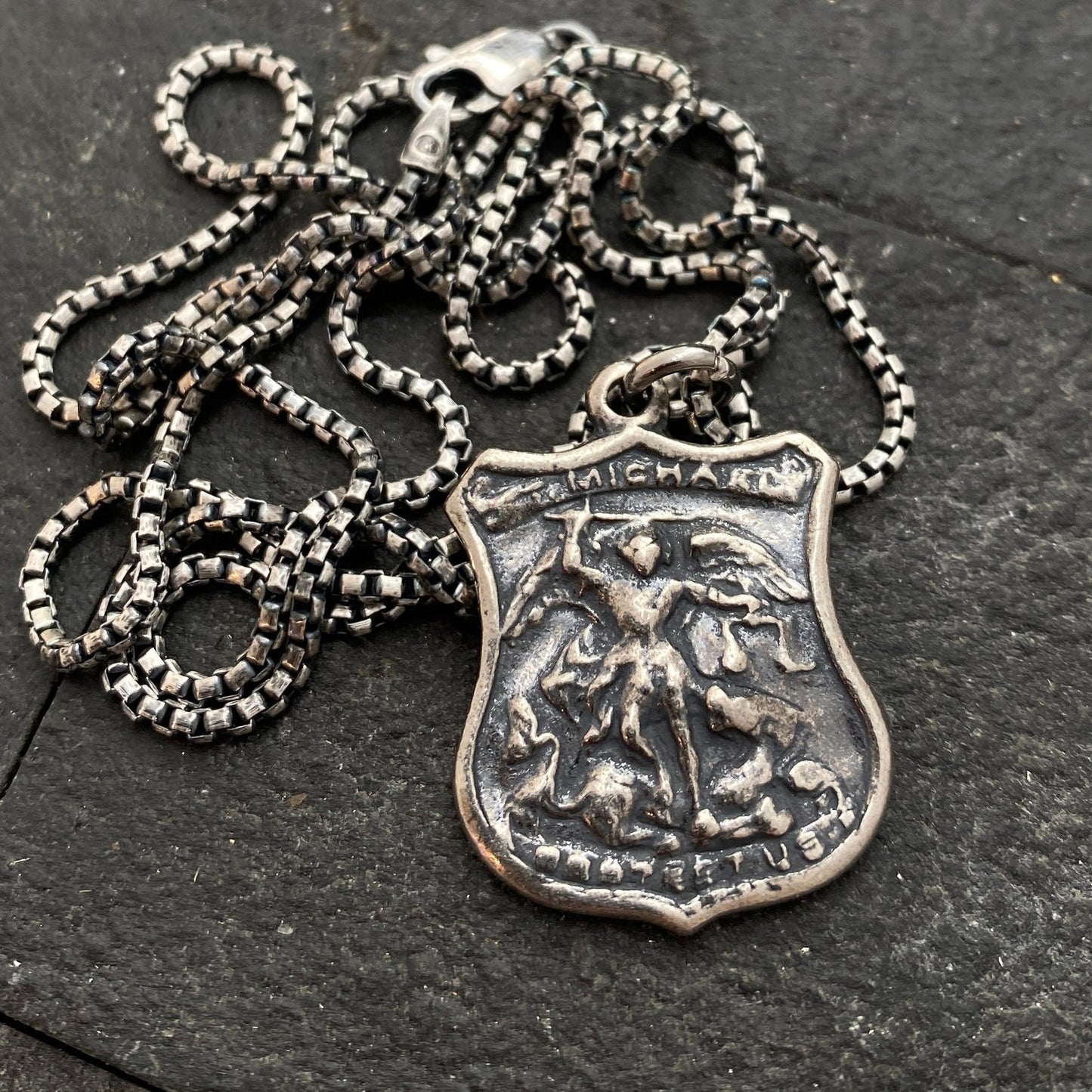 Men's Sterling Silver Archangel St. Michael Shield Necklace, Oxidized Silver Unisex Jewelry, 20 or 24 Inch Chain, SS-016