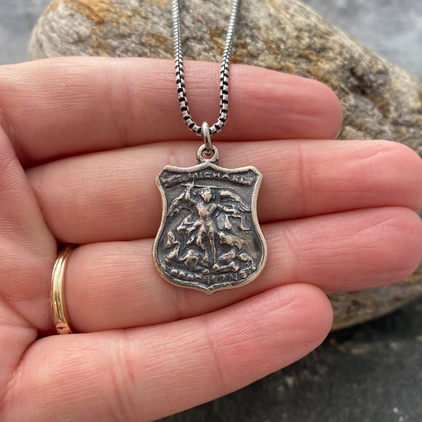 Men's Sterling Silver Archangel St. Michael Shield Necklace, Oxidized Silver Unisex Jewelry, 20 or 24 Inch Chain, SS-016