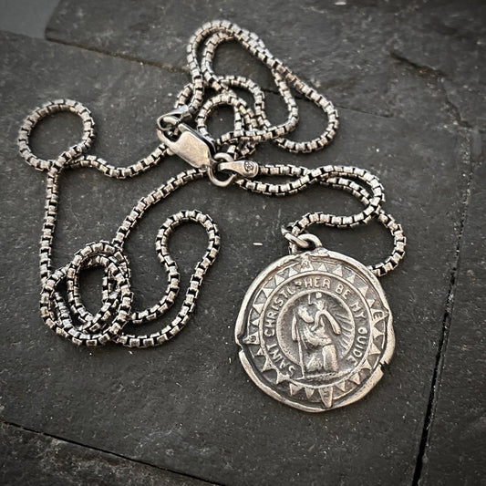 NOW in Sterling Silver, Men's necklace St. Christopher Wax Seal Medal w Compass, Unisex Jewelry, Chain length in 20 or 24 inches SS-017